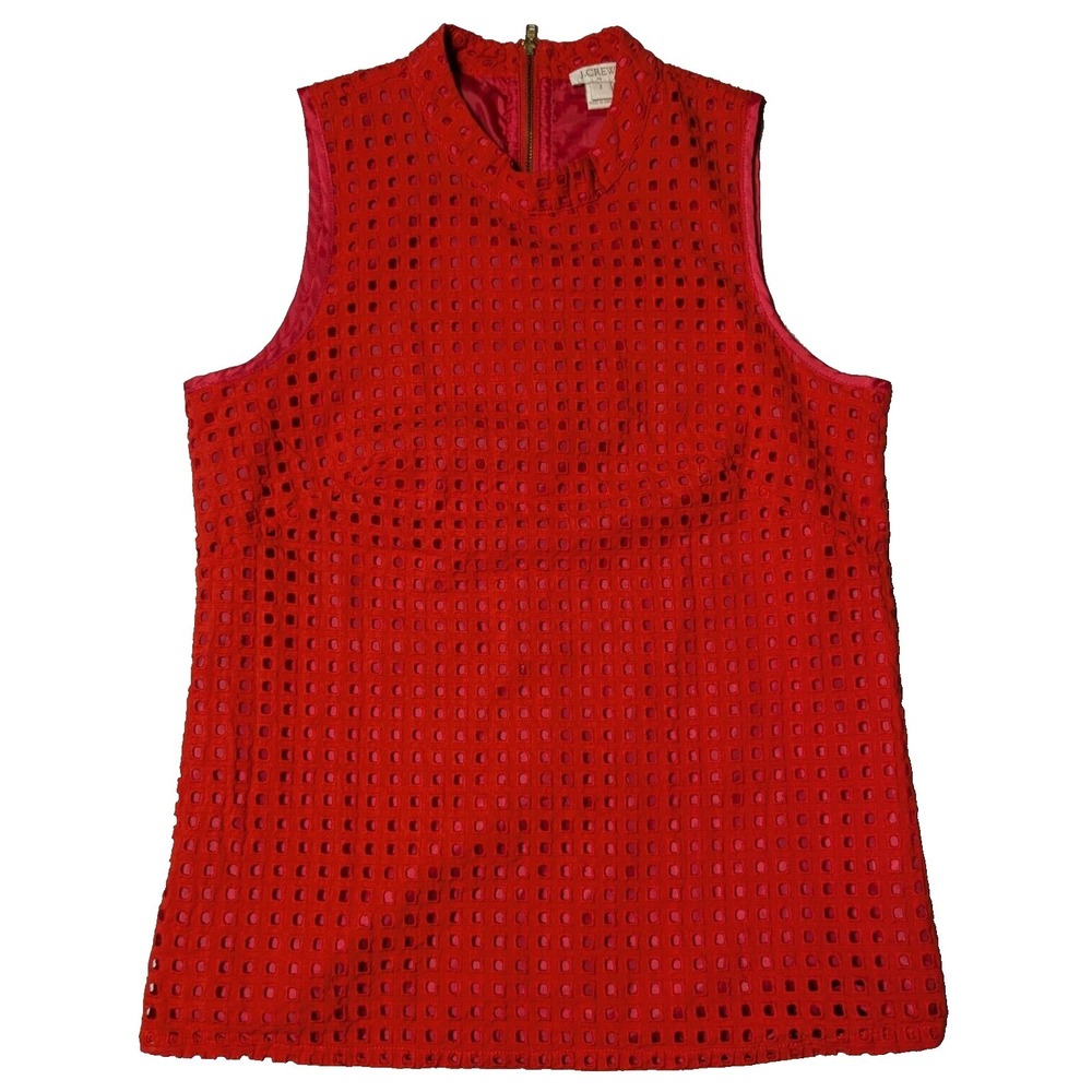 J. CREW Women Size 2 Orange Cotton Square GEO Eyelet Lined Sleeveless Blouse